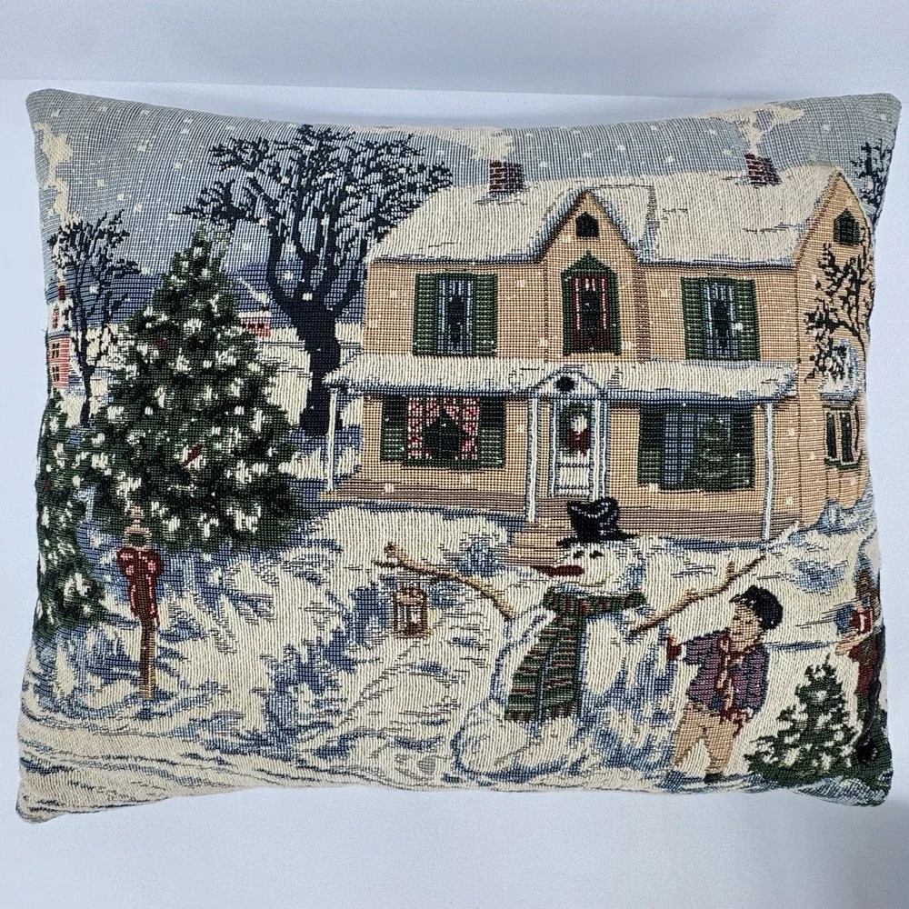 Christmas Tapestry Throw Pillow‎ Snowman Winter Scene House Church Woven Holiday